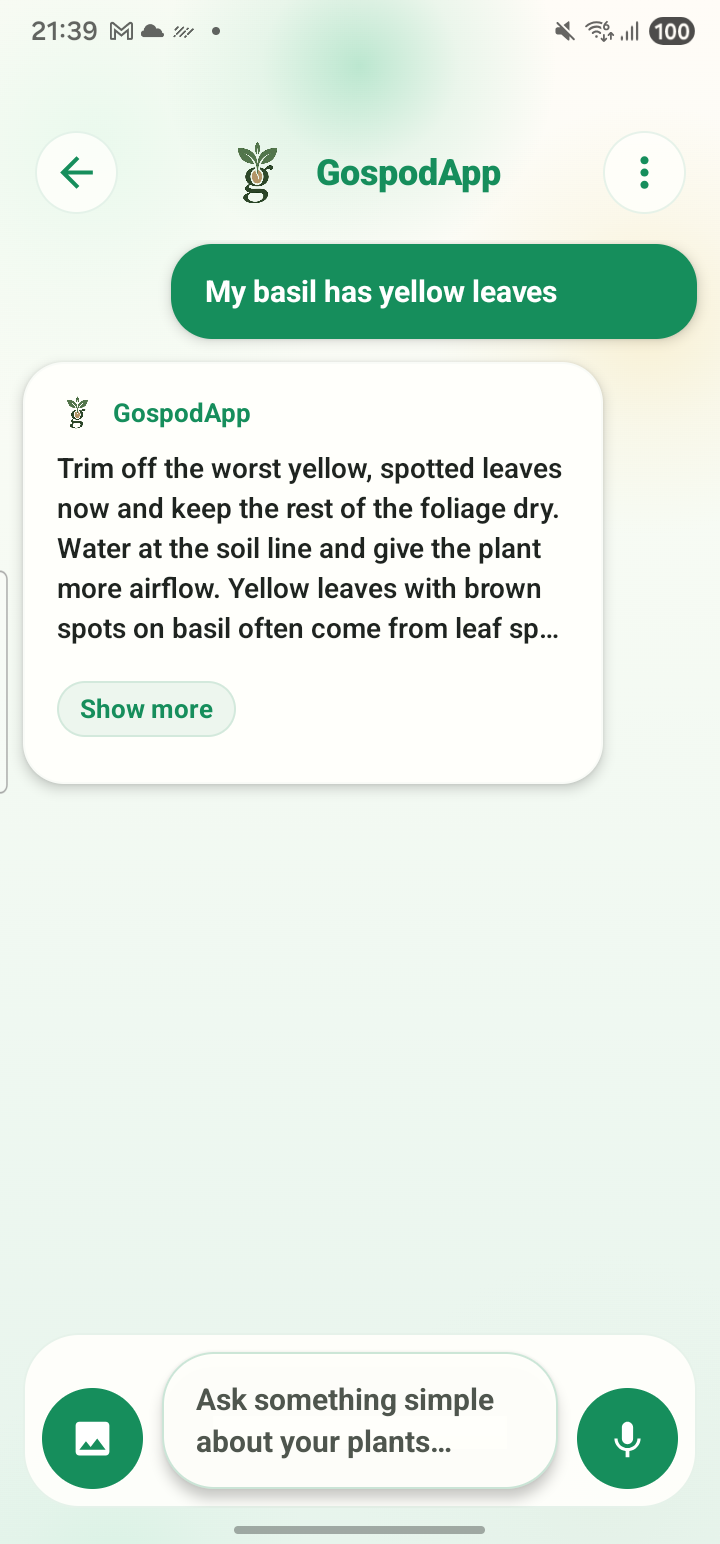 GospodApp on Android with a plant question and reply