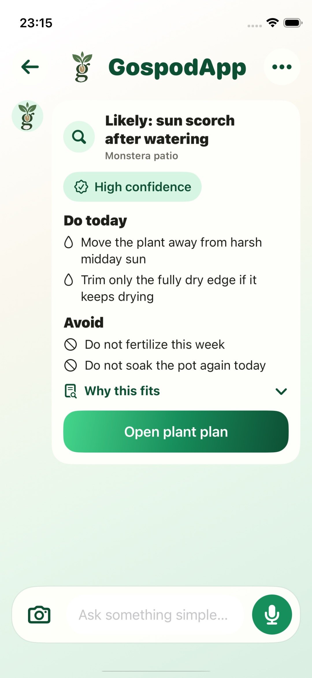 GospodApp on iPhone showing a likely issue, what to do today, and what to avoid