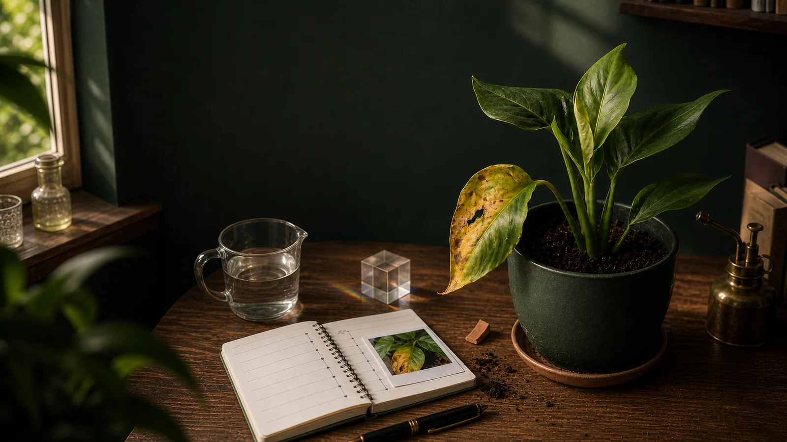 A houseplant with a yellowing leaf beside a water jug, care notebook, and spilled potting mix.