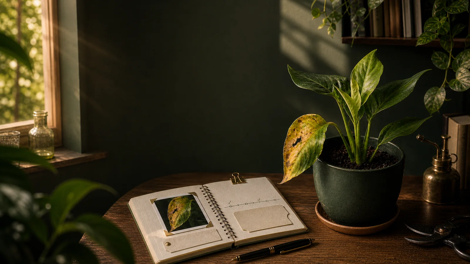 A houseplant with one yellowing leaf and a care notebook on a wooden table.