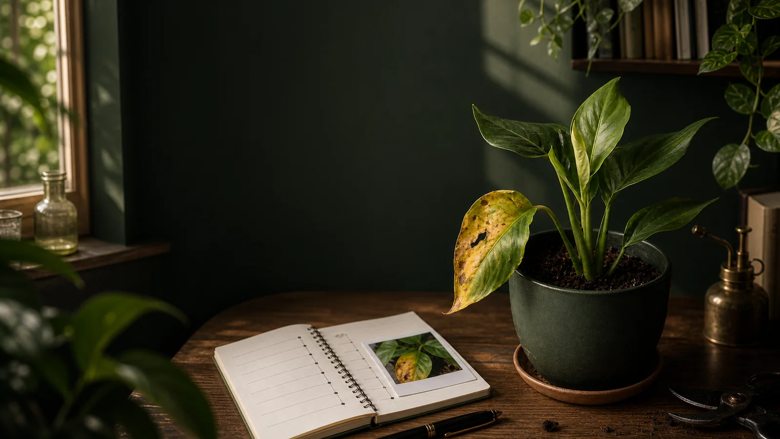A houseplant with a yellowing leaf beside a care notebook, ready for a plant check.